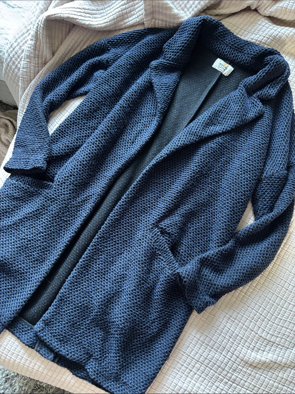 Marine Layer Birdseye Coatigan Navy Open-Front Textured Jacket, lightly worn - Picture 3 of 7